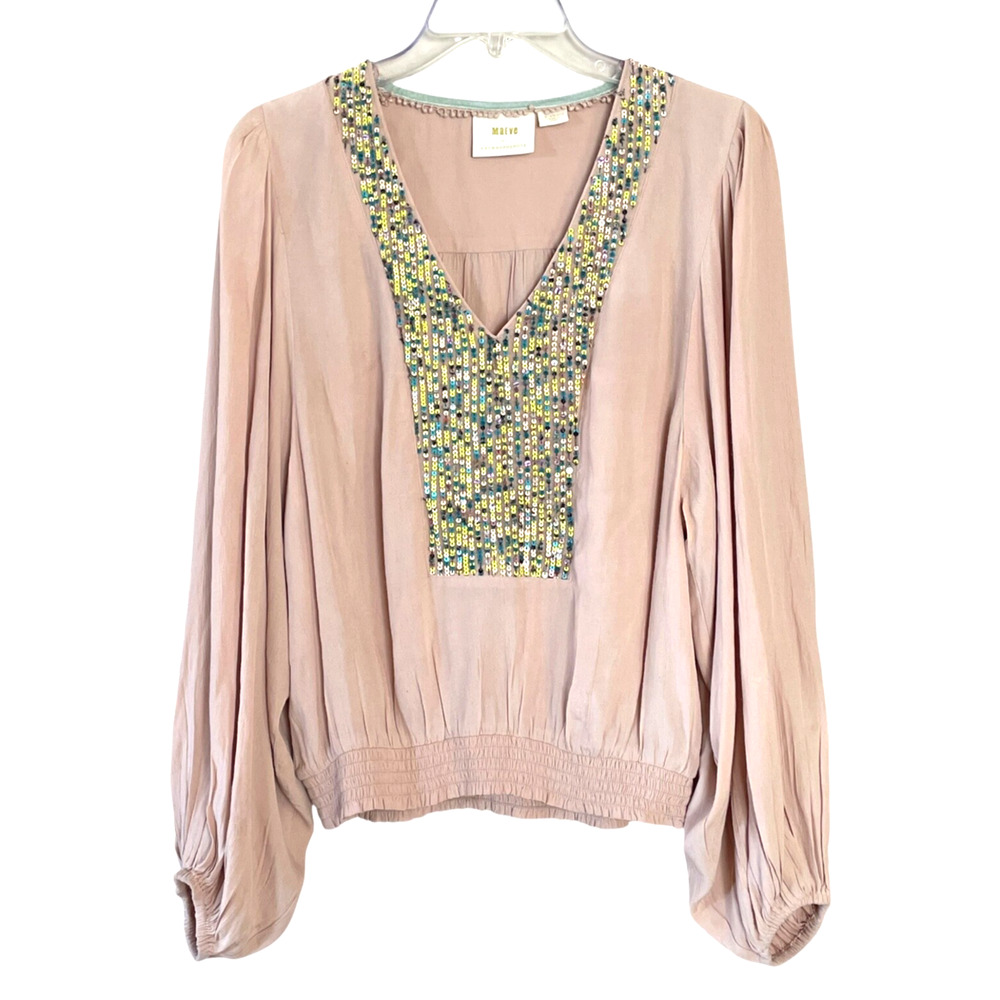 MAEVE Anthropologie Size XS Blush Sequin Long Balloon Sleeve V-Neck Pullover Top